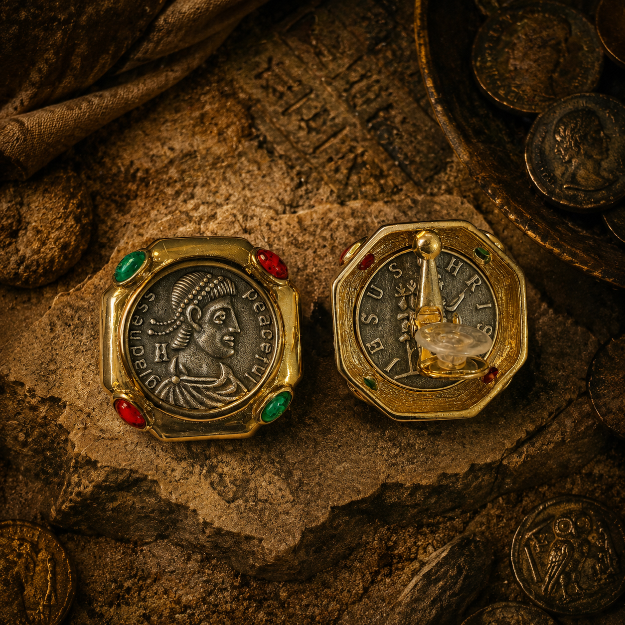 Vintage-Inspired Coin Relief Red Green Stone-Style Statement Earrings (Stud or Ear Clip Available)