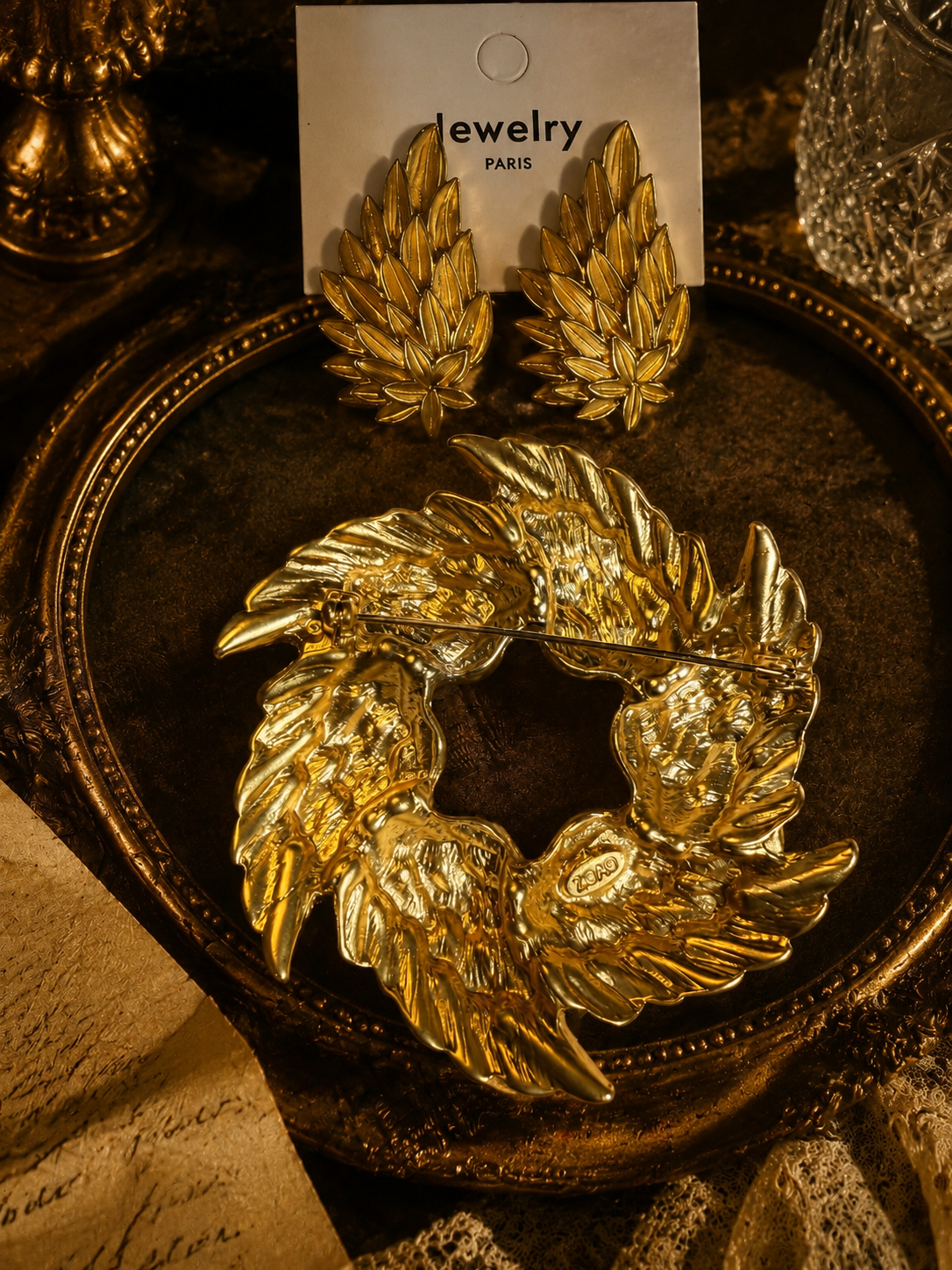 Thick Gold Leaf Sculptural Brooch and Stud Earrings Set Vintage Statement Jewelry