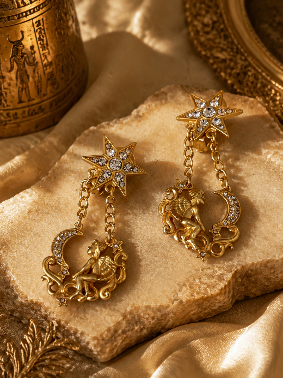18K gold-plated celestial angel clip-on earrings with star tops and crescent moon drops