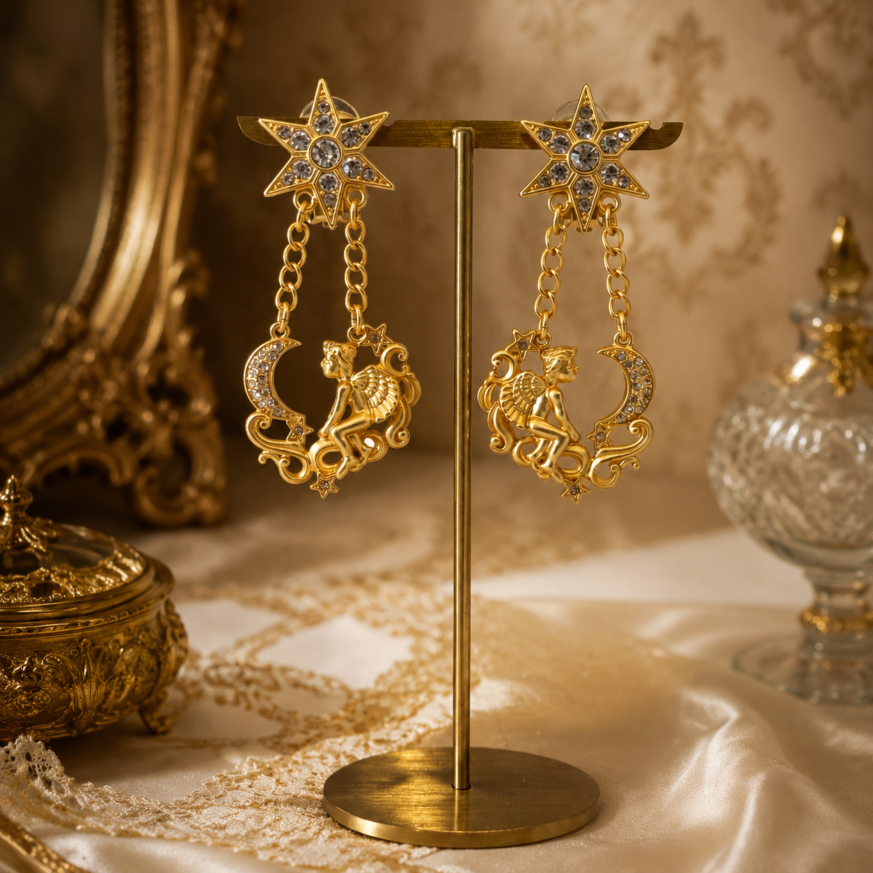 18K gold-plated celestial angel clip-on earrings with star and moon drops on display