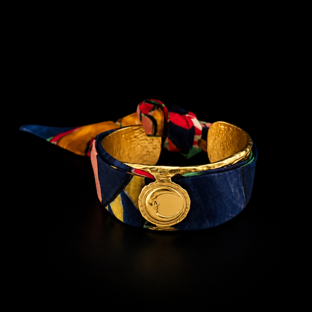 18K gold-plated adjustable French playful silk scarf moon cuff bracelet