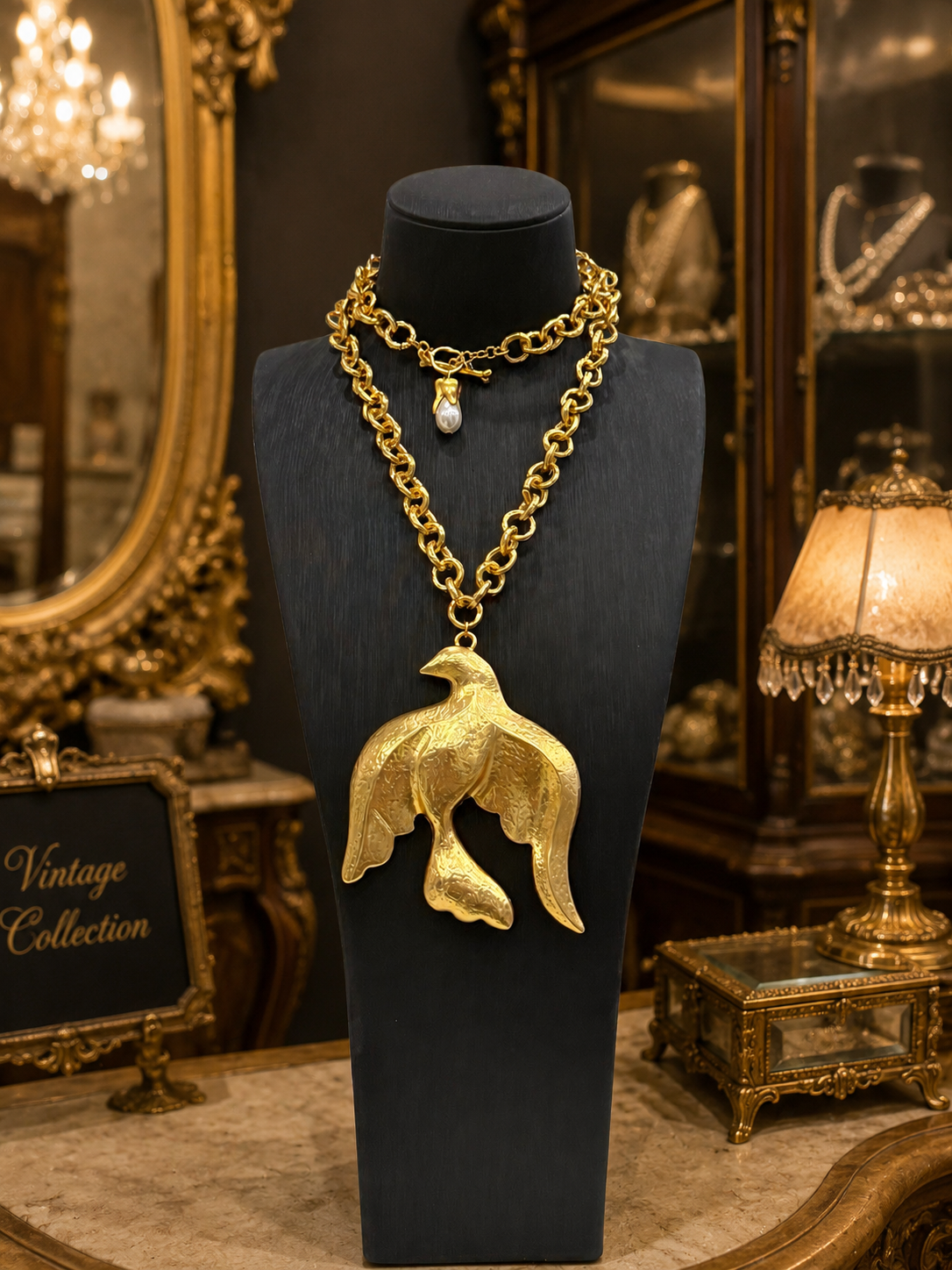 gold-tone sculptural bird pendant necklace on a black display