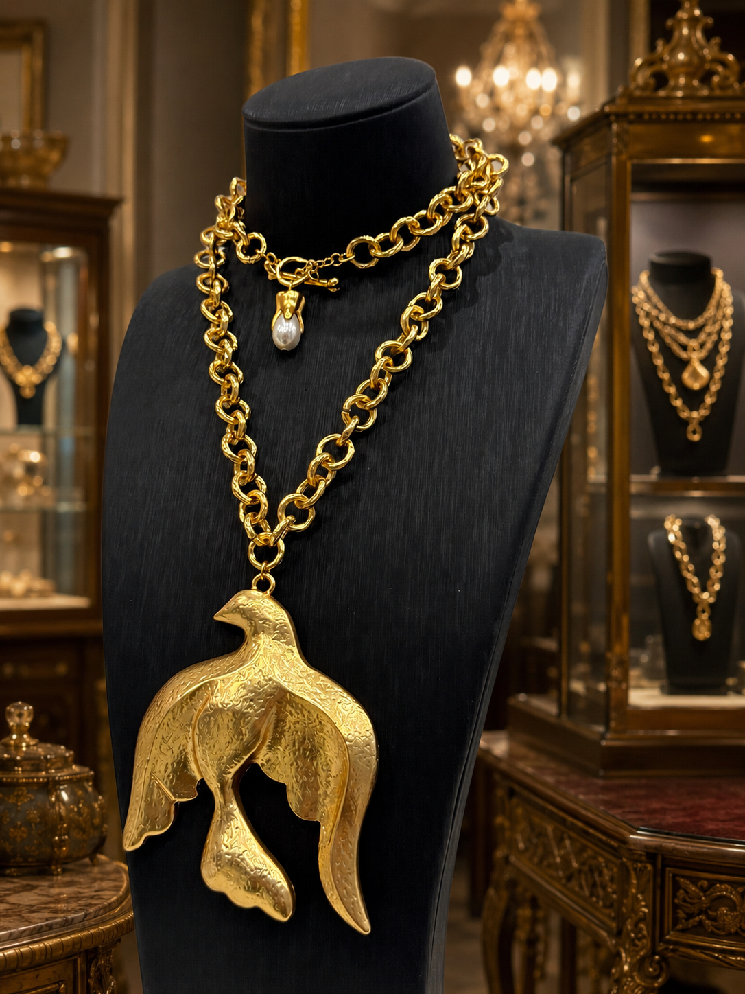 Angled view of gold-tone bird pendant necklace and linked chain
