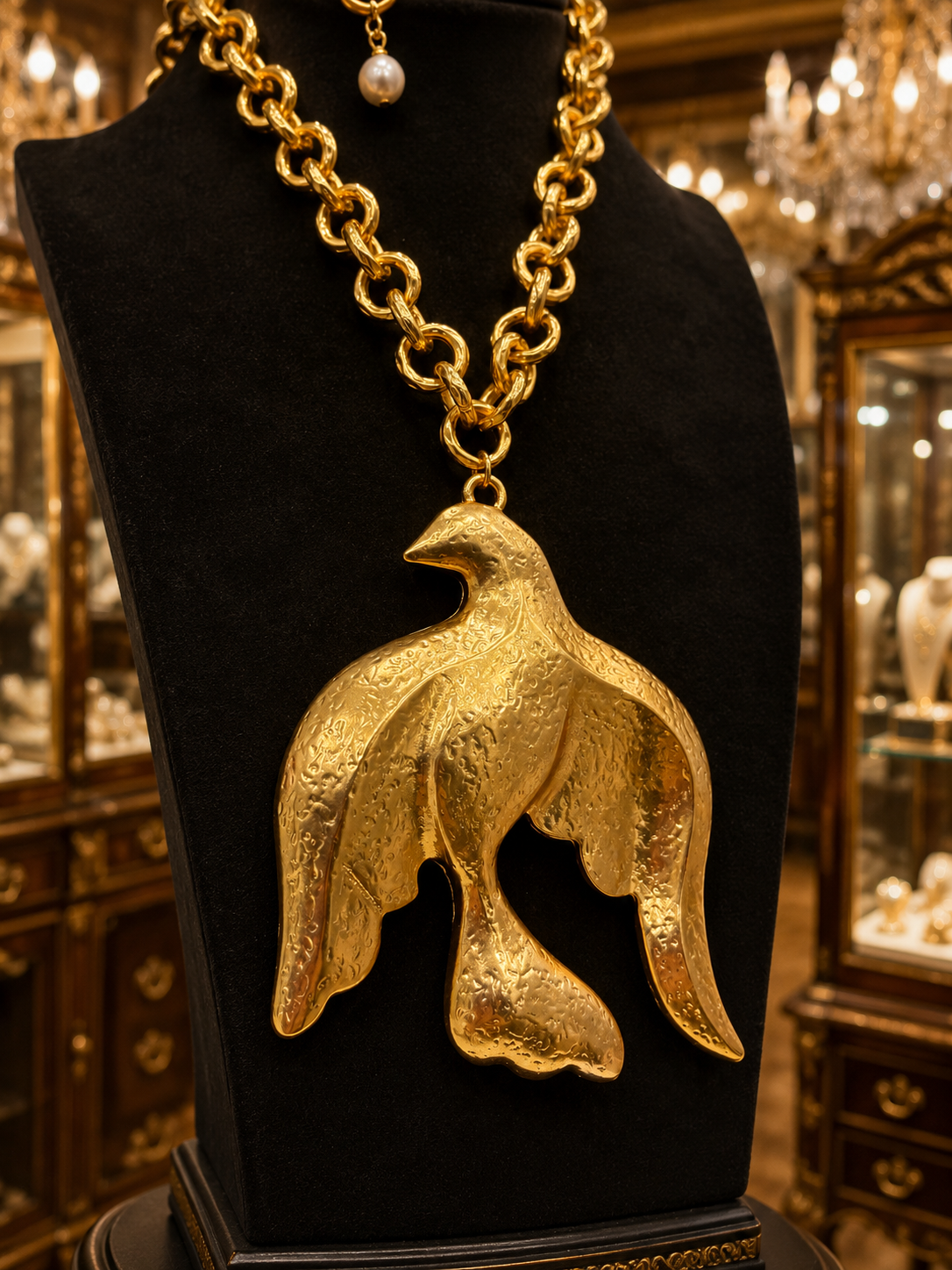 Close detail of sculptural bird pendant on gold-tone necklace