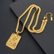 18K gold-plated vintage-inspired letter plaque pendant necklace with textured chain, styled view