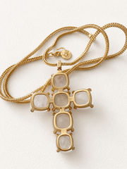 18K gold-tone crystal-style cross pendant necklace back view showing the setting and chain