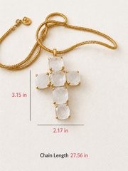 Crystal-style cross pendant necklace measurements showing 3.15 by 2.17 inch pendant and 27.56 inch chain