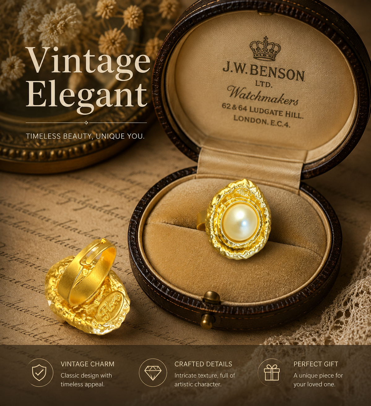 18K gold-tone pearl-style adjustable open ring showing band and side detail
