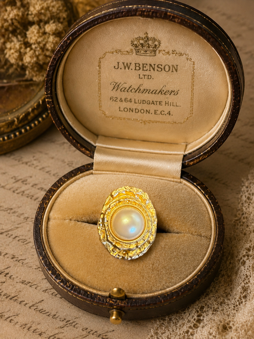 18K gold-tone pearl-style adjustable open ring front view
