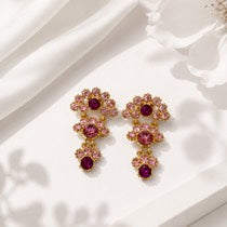 Gold-tone pink floral crystal-style drop stud earrings