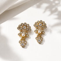 Gold-tone clear pearl-style floral crystal-style drop stud earrings