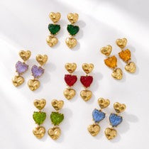 Gold-tone glass heart triple-pendant stud earrings in assorted colors