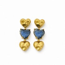 Gold-tone light blue glass heart triple-pendant stud earrings