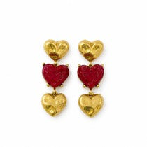 Gold-tone red glass heart triple-pendant stud earrings
