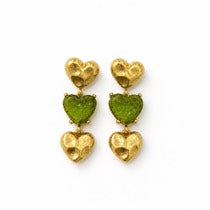 Gold-tone light green glass heart triple-pendant stud earrings
