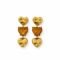Gold-tone orange glass heart triple-pendant stud earrings