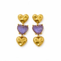 Gold-tone light purple glass heart triple-pendant stud earrings