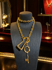 Gold-Tone Key Pendant Statement Necklace with Oversized Chain