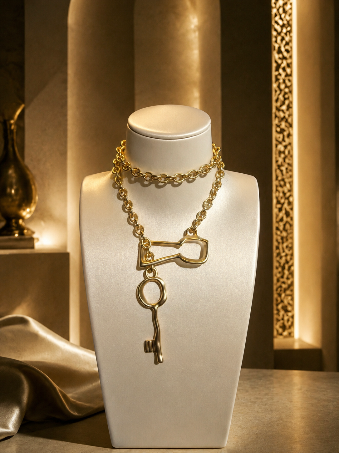 Gold-Tone Key Pendant Statement Necklace with Oversized Chain