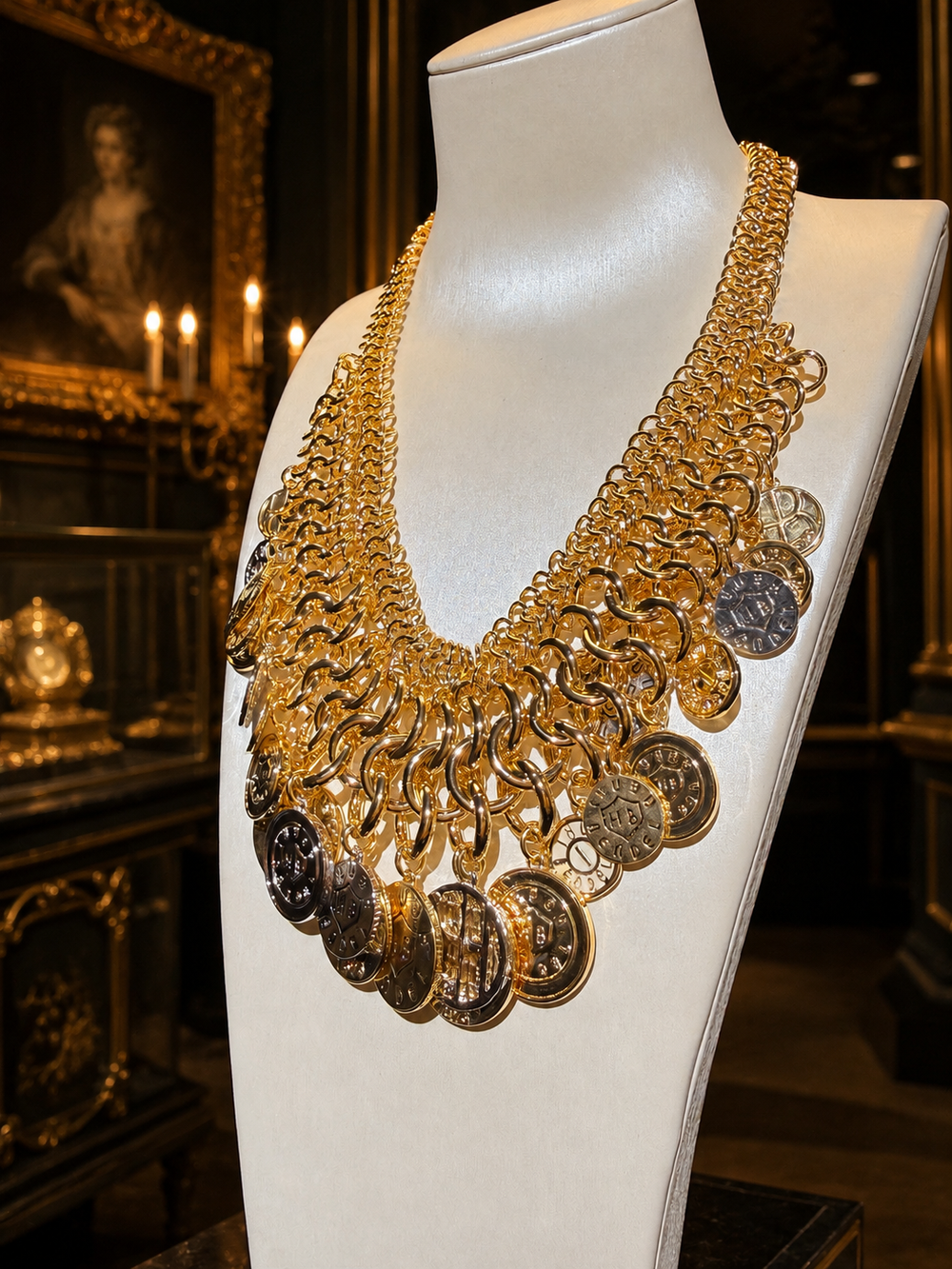Vintage Gold Medallion Chain Statement Necklace