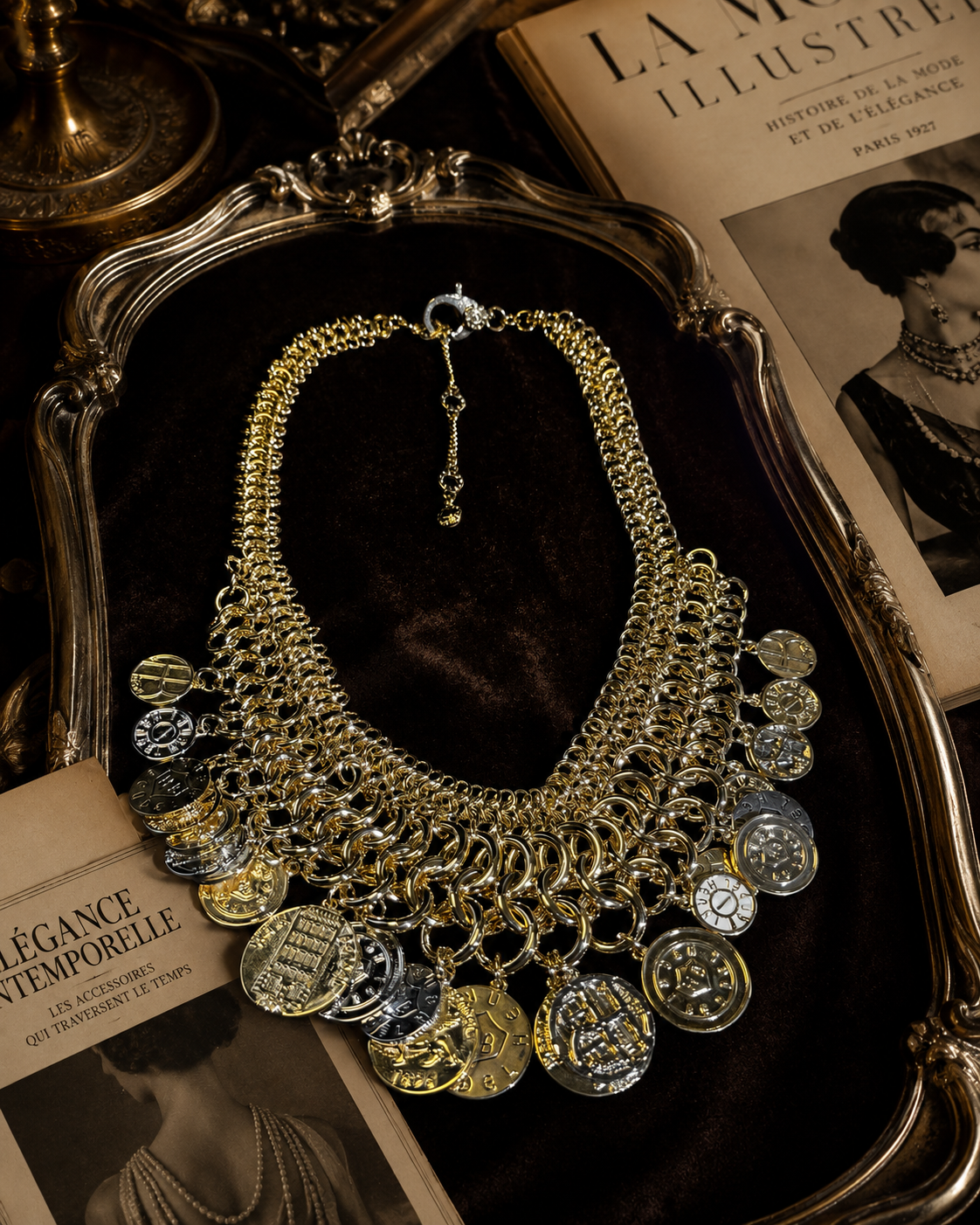 Vintage Gold Medallion Chain Statement Necklace