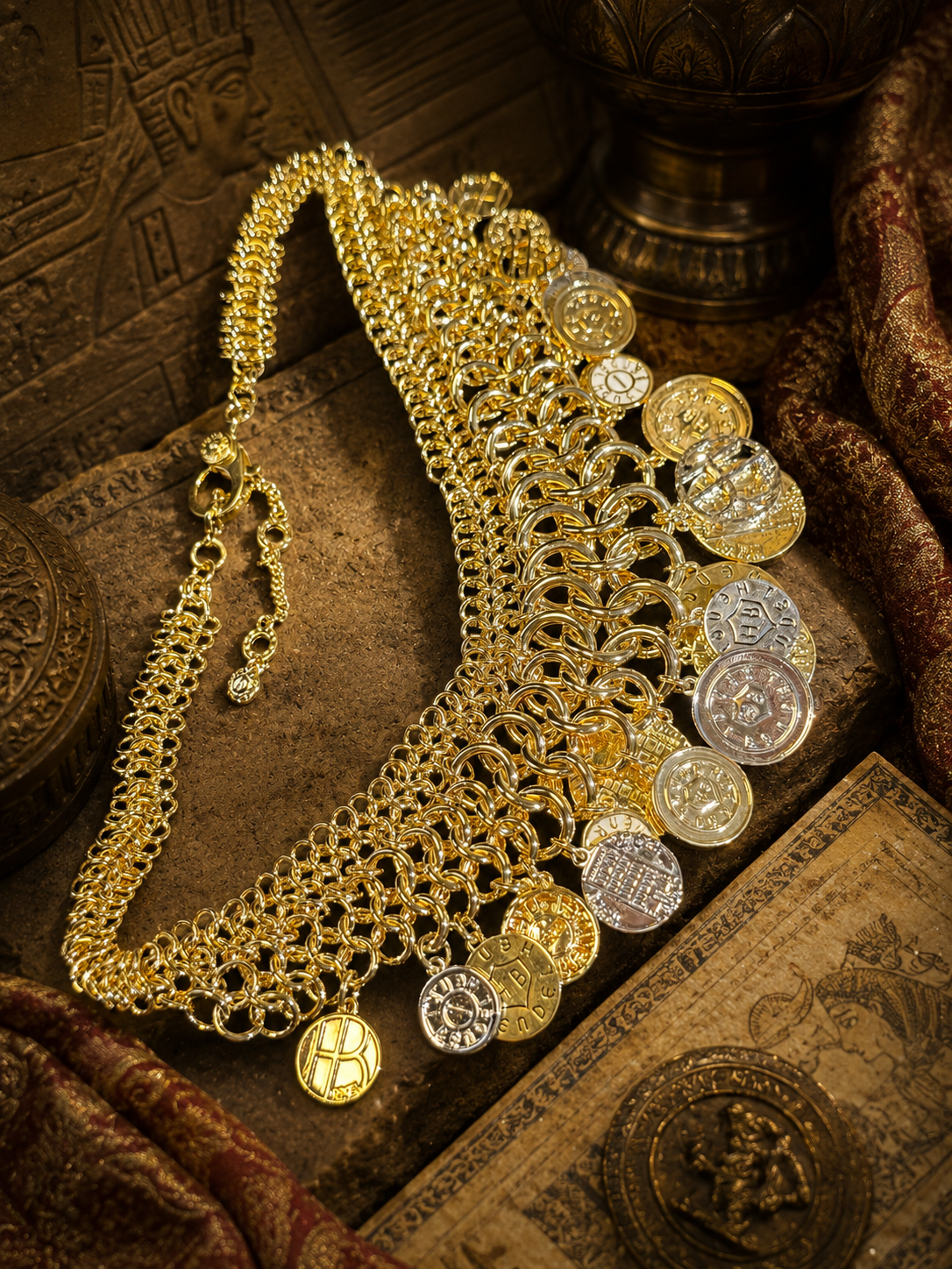 Vintage Gold Medallion Chain Statement Necklace
