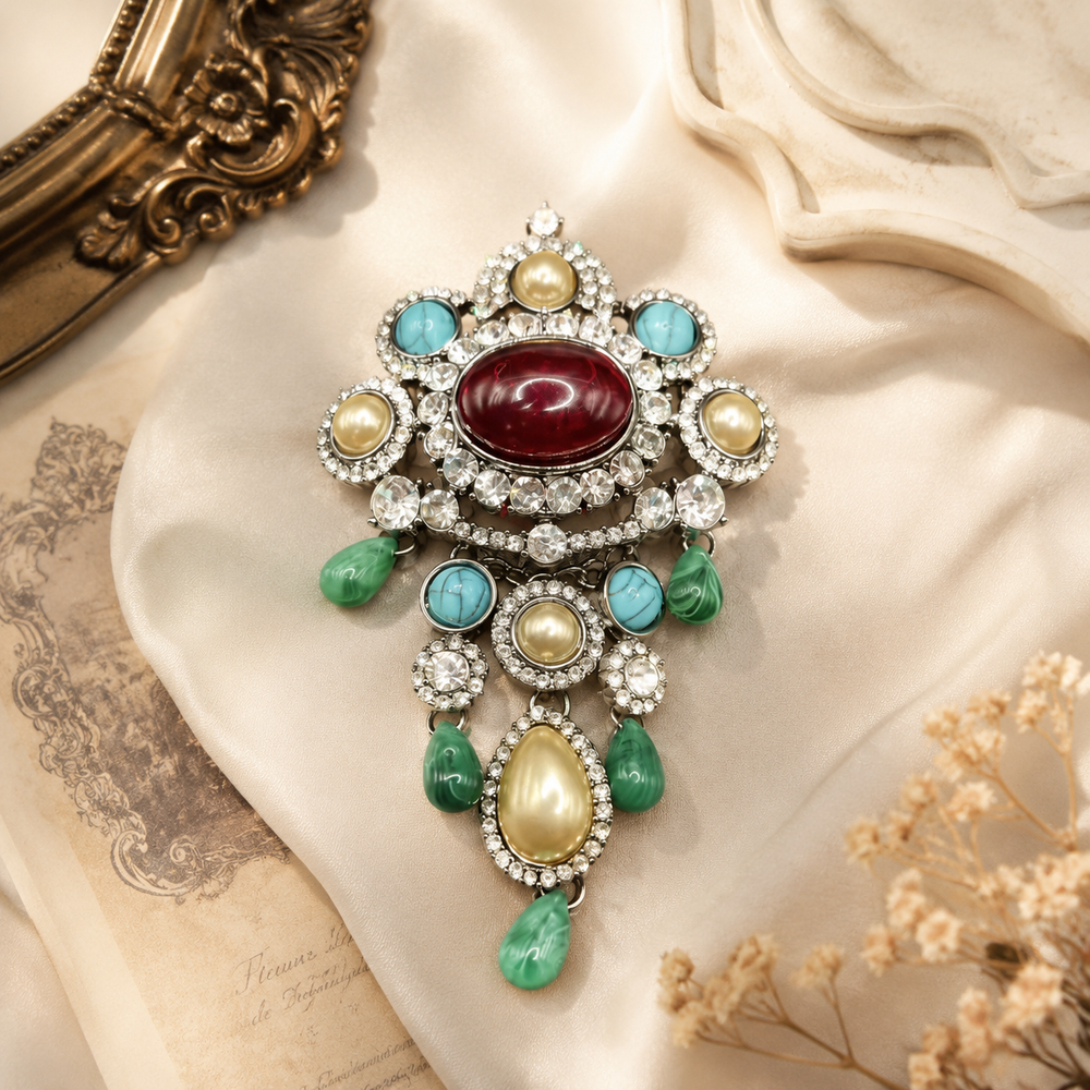 Silver-Tone Multicolor Stone-Style Statement Brooch