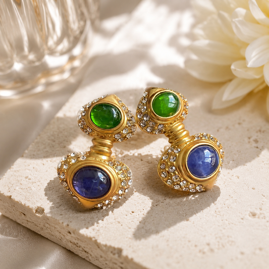Gold-tone clip-on drop earrings with green and smoky gray accents