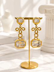 Gold-Tone Transparent Crystal Bow Sculptural Statement Ear Clip Earrings