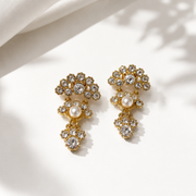 Gold-Tone Floral Crystal-Style Drop Stud Earrings