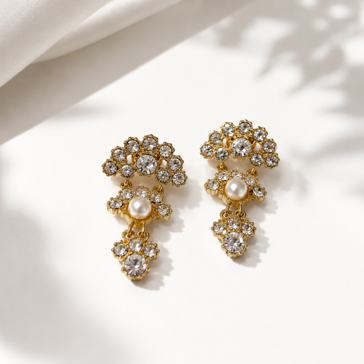 Gold-Tone Floral Crystal-Style Drop Stud Earrings