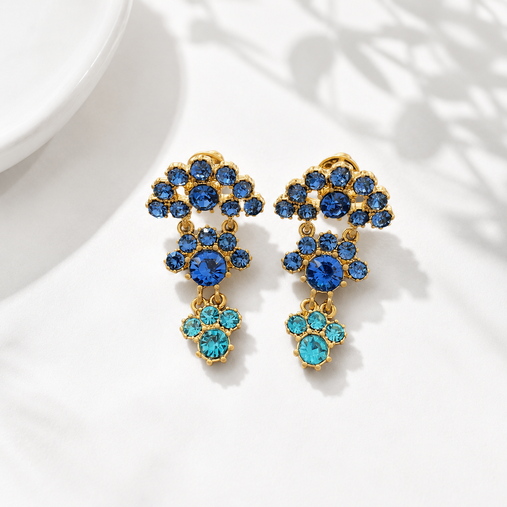 Gold-Tone Floral Crystal-Style Drop Stud Earrings
