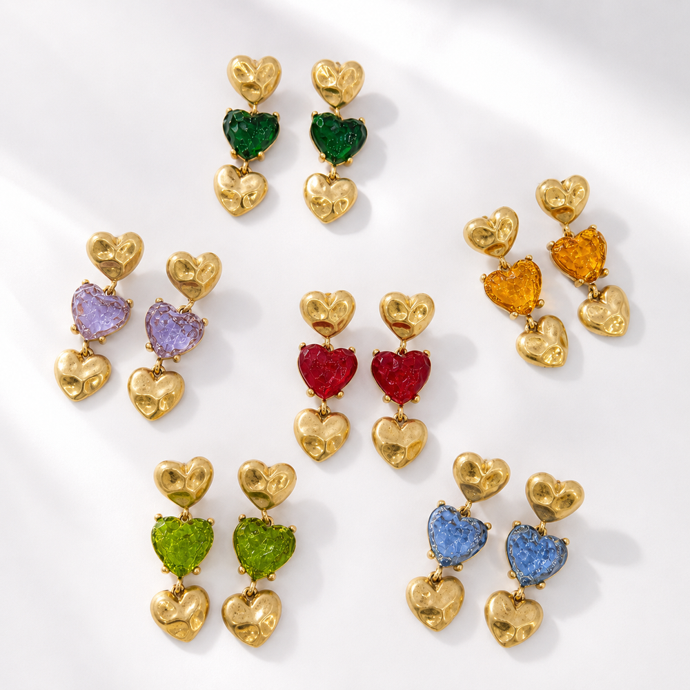 Gold-Tone Glass Heart Triple-Pendant Stud Earrings