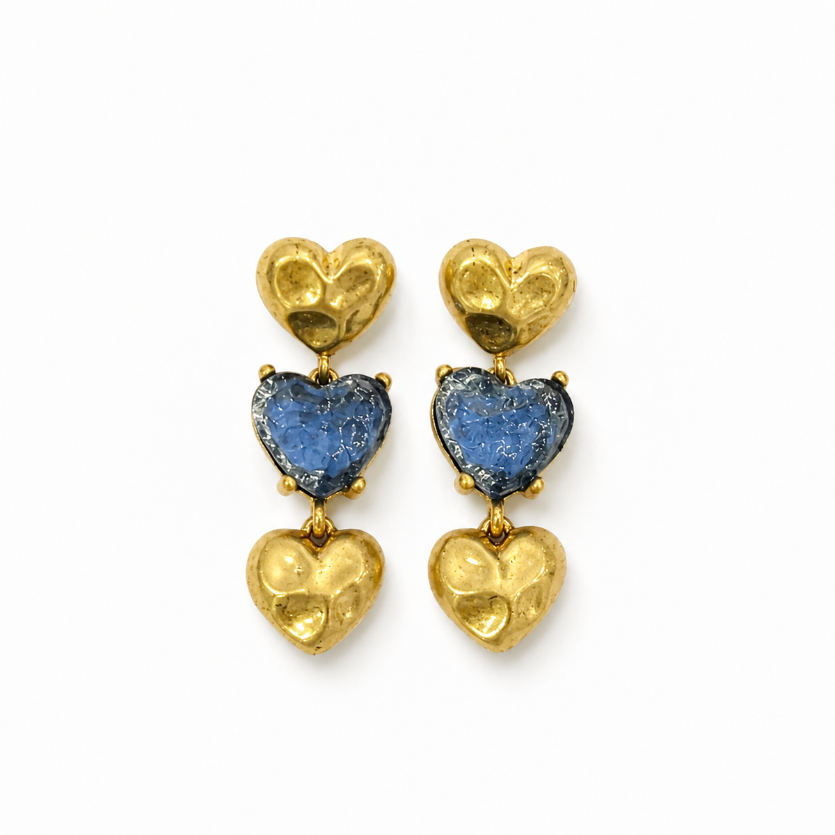 Gold-Tone Glass Heart Triple-Pendant Stud Earrings