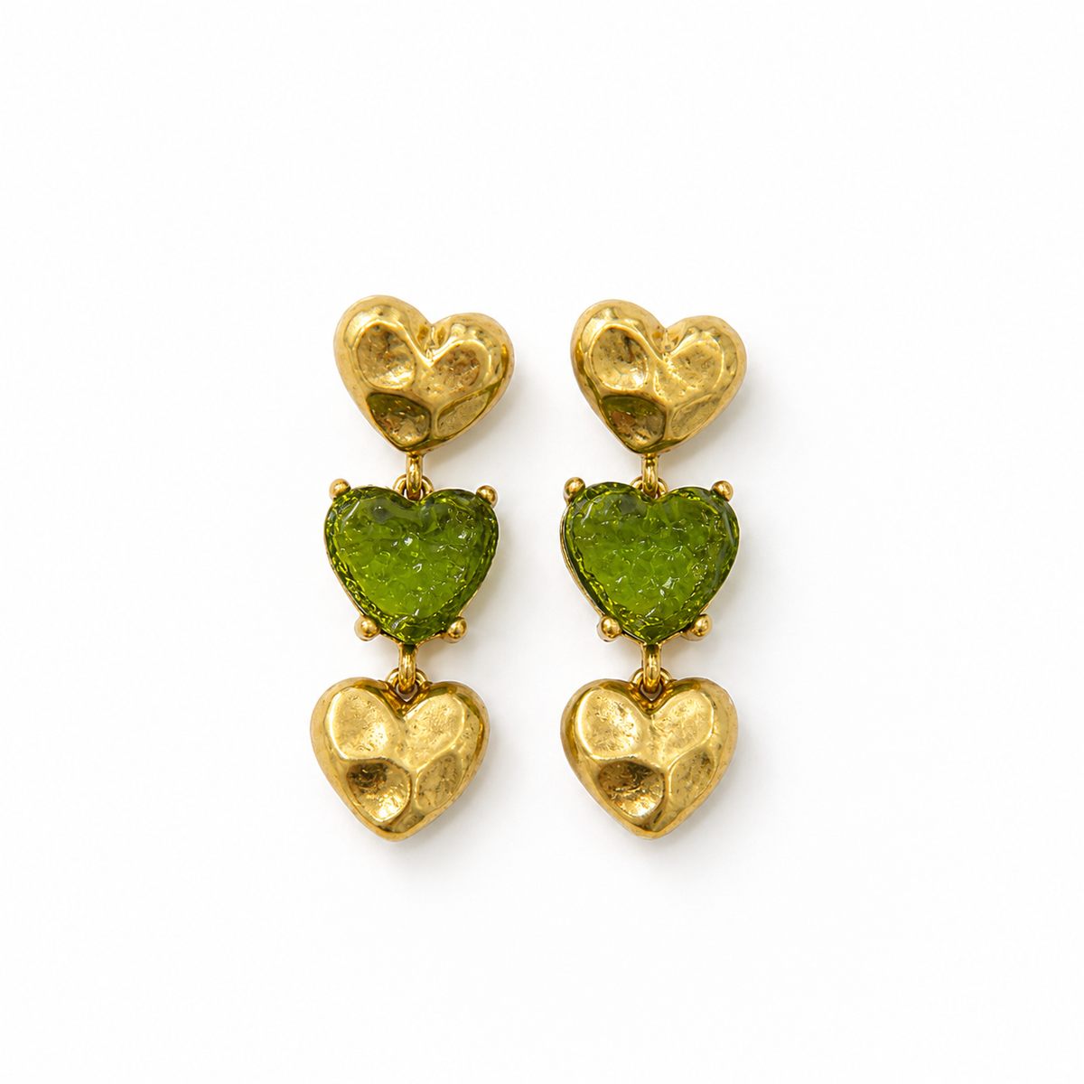 Gold-Tone Glass Heart Triple-Pendant Stud Earrings