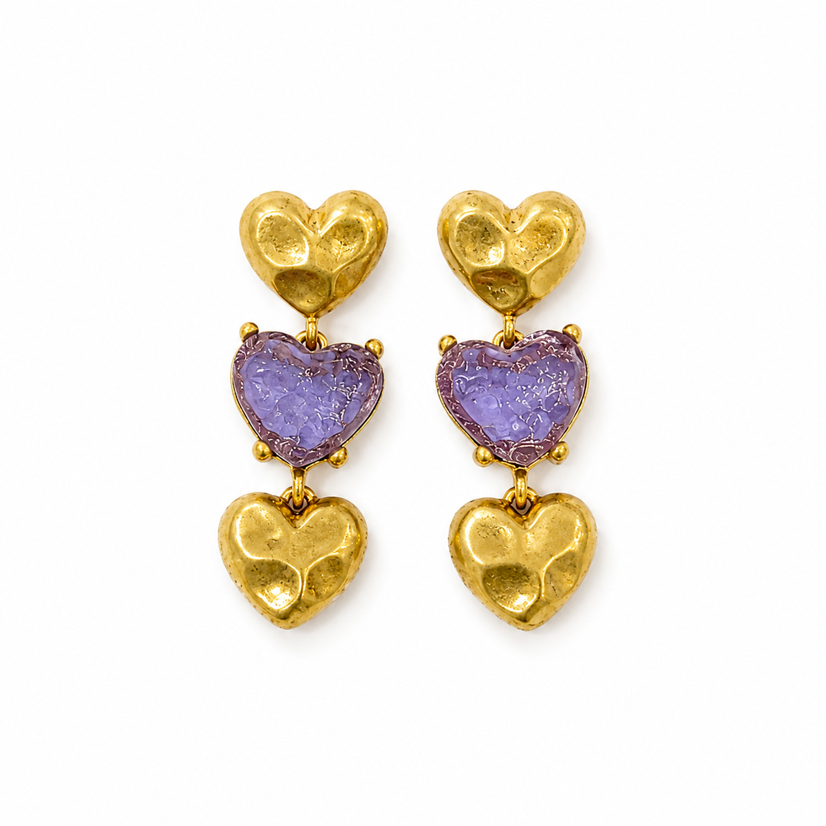 Gold-Tone Glass Heart Triple-Pendant Stud Earrings