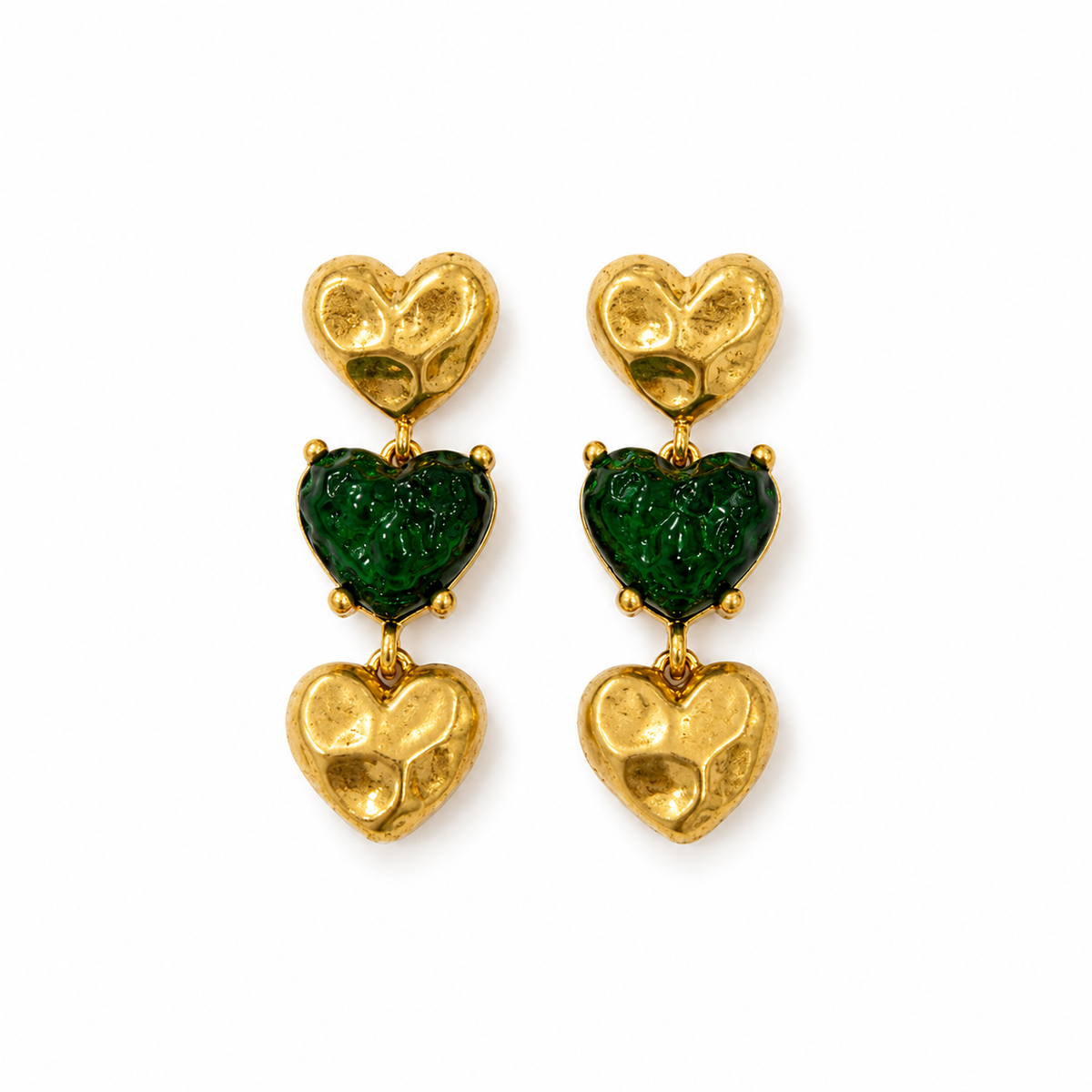 Gold-Tone Glass Heart Triple-Pendant Stud Earrings