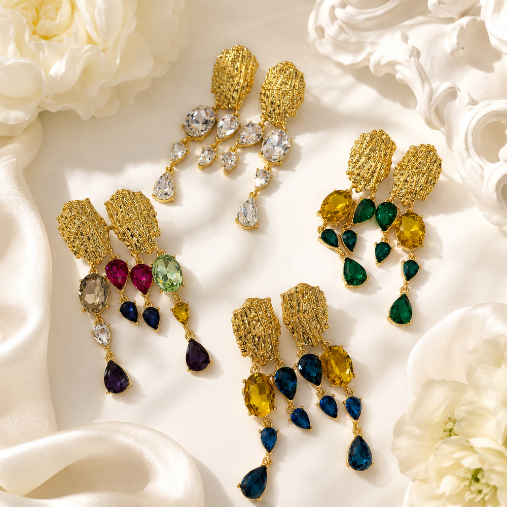 Gold-Tone Crystal-Style Teardrop Tassel Earrings
