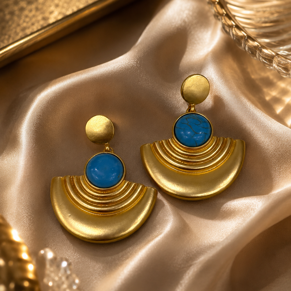 Pair of gold-tone fan-shaped turquoise-style stud earrings