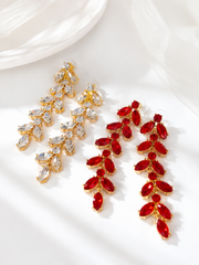Gold-tone leaf rhinestone drop stud earrings in red and clear