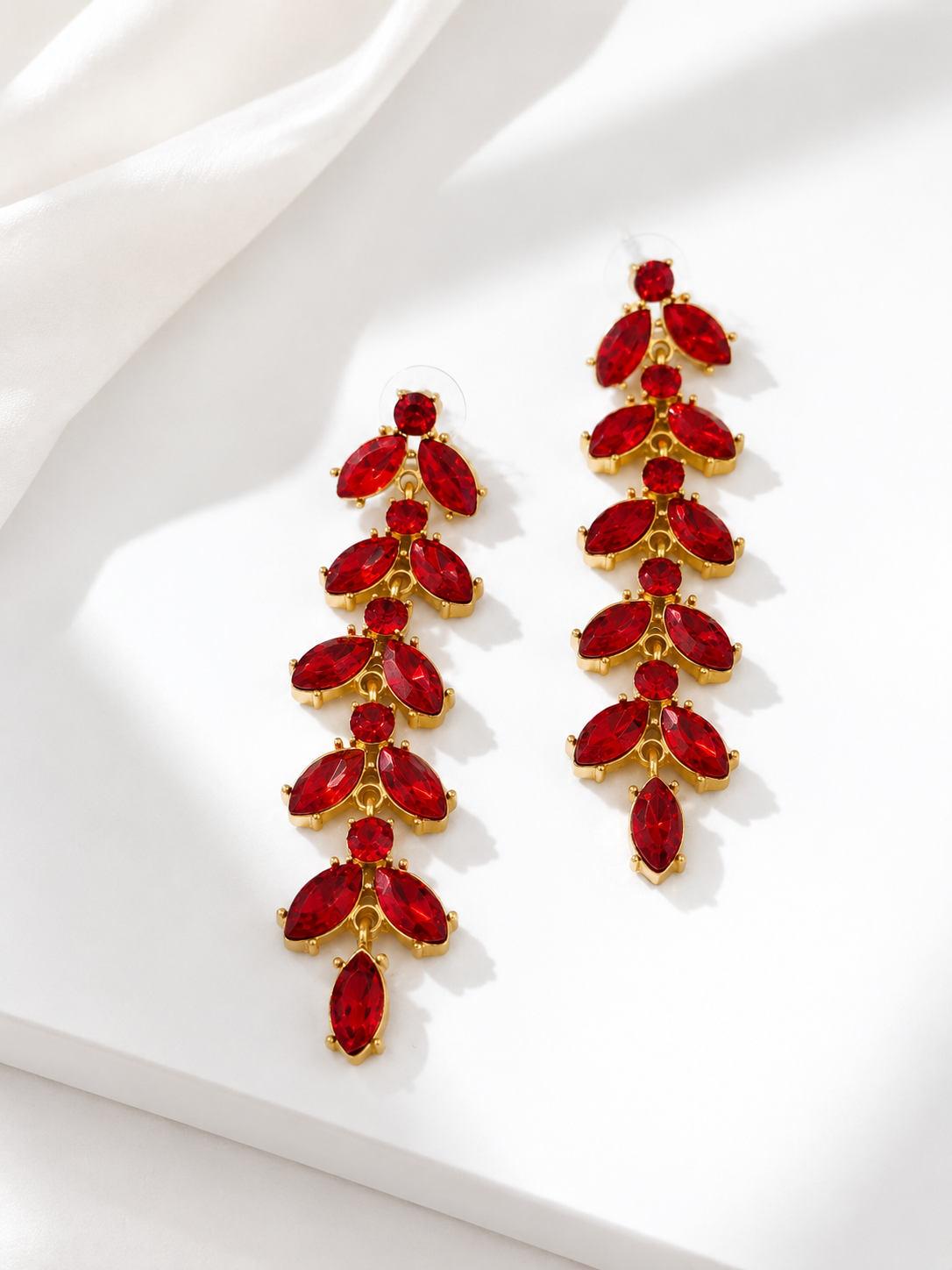 Red gold-tone leaf rhinestone drop stud earrings