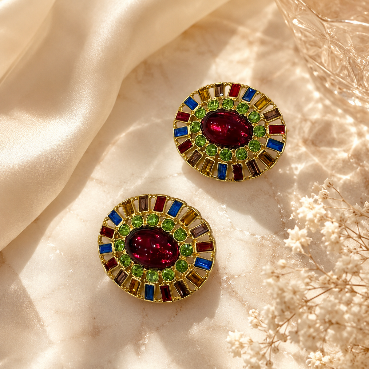 Red gold-tone round earrings with multicolor glass details