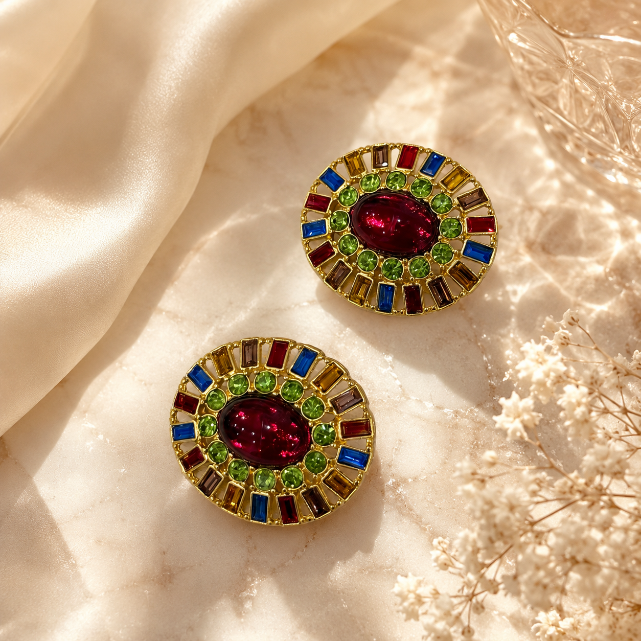 Red gold-tone round earrings with multicolor glass details