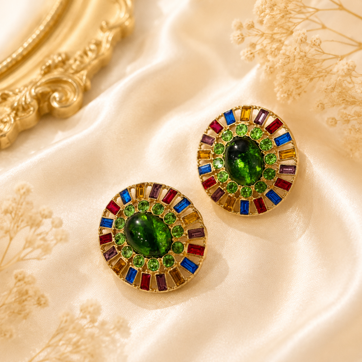 Green gold-tone round earrings with multicolor glass details