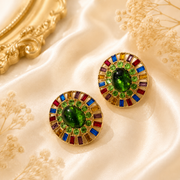 Green gold-tone round earrings with multicolor glass details
