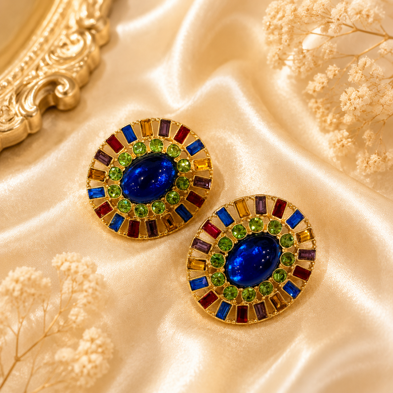 Blue gold-tone round earrings with multicolor glass details