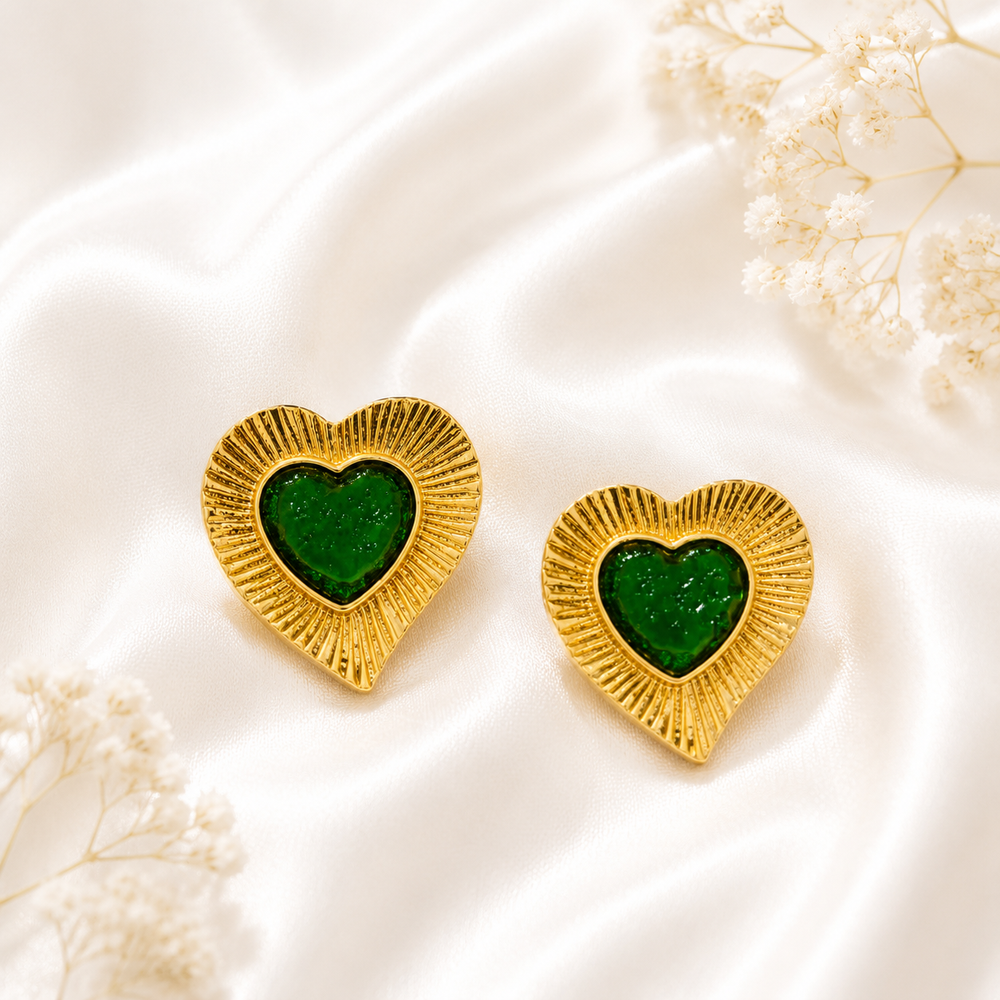 Dark green heart glass stud earrings with a gold-tone setting