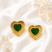 Dark green heart glass stud earrings with a gold-tone setting