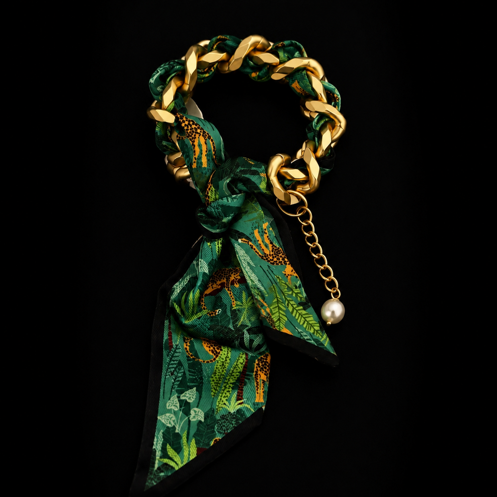 24K gold-plated French romantic silk scarf bracelet in green