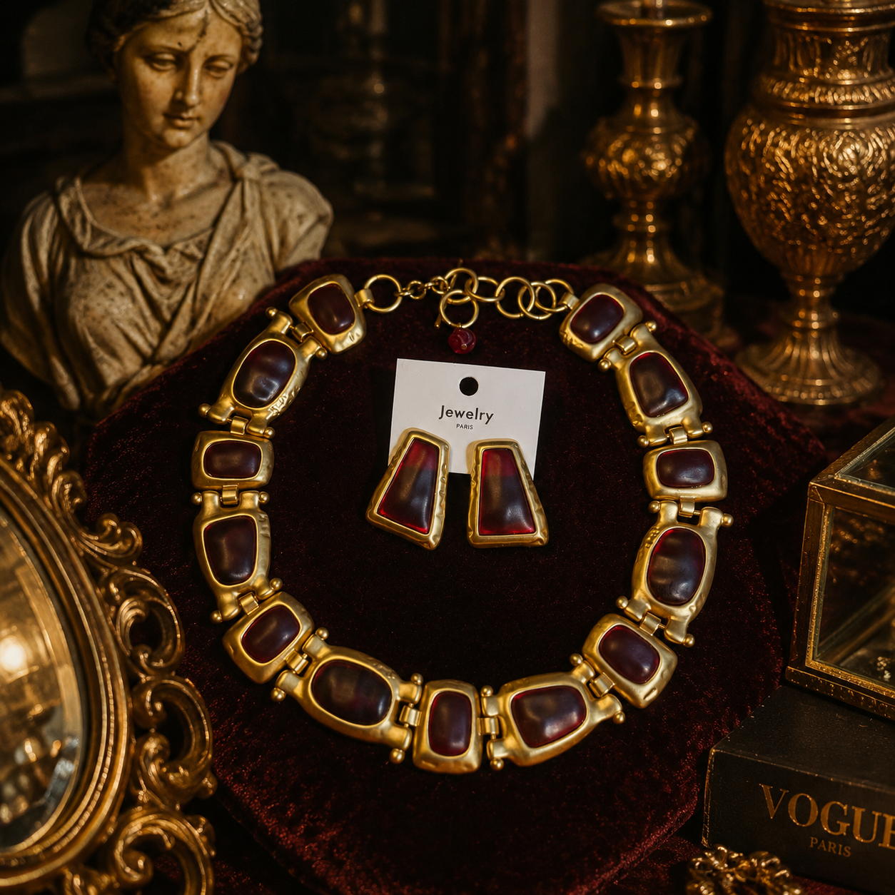 Gold-tone red stone-style necklace with matching stud earrings displayed on burgundy velvet
